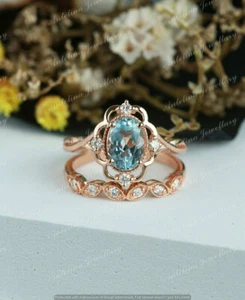 1.85 Ct Oval Cut Blue Aquamarine Engagement Bridal Ring Set 14K Rose Gold Finish - Picture 1 of 11