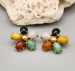 HSB 14K Multicolor Supurb Gem Jade Clip-On Cluster Floral Earrings Approx. 7.9g - Picture 1 of 16