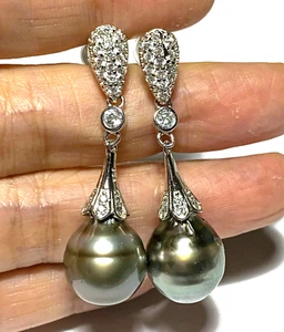 RARE 12.5 x 14mm Oval Drop Peacock Gray Tahitian South Sea Pearl Dangle Earrings - Picture 1 of 10