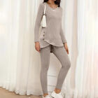 2Pcs Womens Ribbed Long Sleeve Pullover Tops+Pants Pyjamas Sets Loungwear Suits