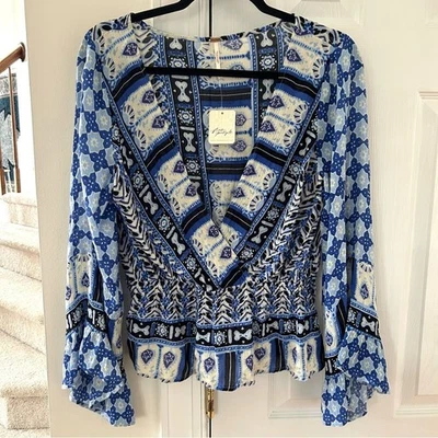NWT Free People Rosalie Blue & White Mosaic Peplum Flutter Sleeve Top - Image 1 of 4