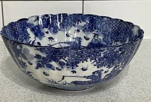 LARGE BLUE & WHITE PORCELAIN CHINESE BOWL TREES FLOWERS FISHERMEN BOAT PHOENIX - Picture 1 of 21