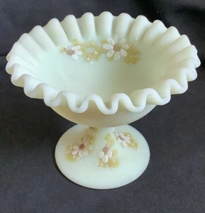 Vintage Fenton Vaseline Glass Footed Ruffled 4" Bowl SIGNED - Picture 1 of 8