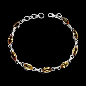 925 Sterling Silver Bracelet Marquise Citrine 10x5mm Natural Gemstone Jewelry 7i - Picture 1 of 14