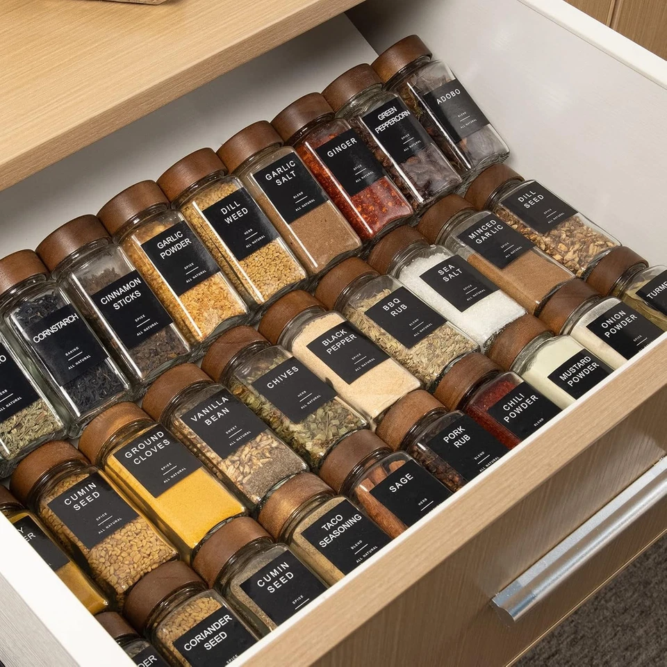 Tarros de especias de vidrio de 14 piezas con etiquetas - Contenedores cuadrados de especias con tapa de madera de acacia de 4 oz Foto 1 de 4