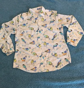 JM Bluse Top Damen Größe 12 cremeweiß Vögel Knopfleiste Langarm Business Freizeit  - Bild 1 von 10