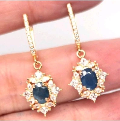 925Silber OHRRINGE HÄNGER Echte Edelsteine Saphir beheizt 750k gelbg Vergoldung. - Bild 1 von 4