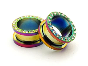 Pair Rainbow CZ Screw on Tunnels gauges plugs PICK SIZE - Picture 1 of 1