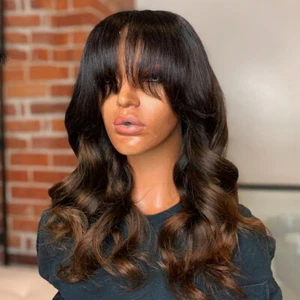 Ombre Wigs With Bang Wavy Brazilian Remy Full Machine Made Human Hair Wig Women - Picture 1 of 8