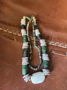 Unusual 27 “ Graduated Antique Turquoise Necklace With White Stones And Wood - Picture 1 of 12