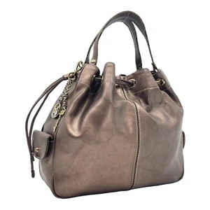 LIZ CLAIBORNE Medium Bucket Bag Faux Leather Metallic Handbag Hobo PEWTER GUC - Picture 1 of 17