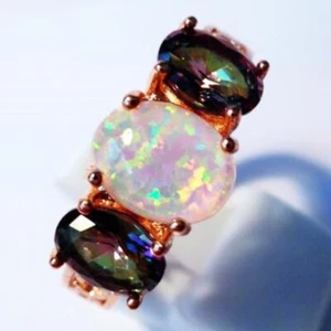 BEAUTIFUL WHITE FIRE OPAL/MYSTIC TOPAZ ROSE GOLD PLATED RING UK Size"R" US 9 - Picture 1 of 6