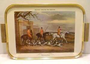 19" FOX HUNT Barware TRAY Anodized Gold SHAYERS PRINT Unkennelling DOGS England - Picture 1 of 14