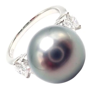 Authentic! Mikimoto Platinum Tahitian Pearl Diamond Ring - Picture 1 of 11