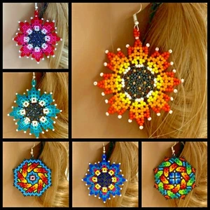 Handmade Huichol Beadwork Multi-Color Bohemian Flower Hook Earrings - Picture 1 of 15