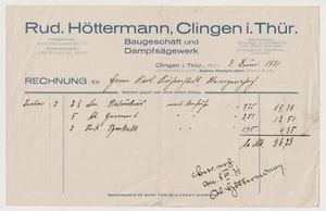 Clingen Thür  R. Höttermann Baugeschäft Dampfsägewerk   alte Rechnung  1931 - Picture 1 of 1