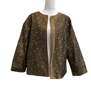 Peter Nygard 100% Silk Brown Confetti Dot Open Front Vintage Evening Jacket sz L - Picture 1 of 12