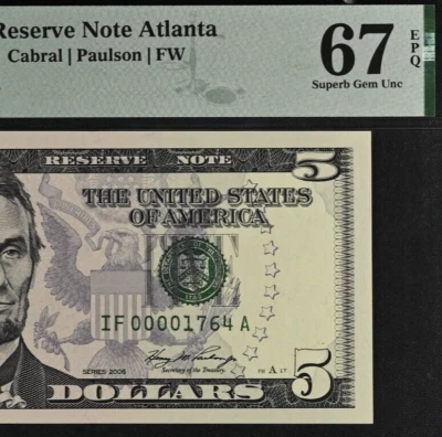 Top Pop 1/0 2006 $5 FRN PMG 65EPQ finest gem birthday low serial number 00001764 - Image 1 of 4