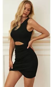 Women's Cutout Ruched Mini Dress Sleeveless Crew Neck Casual Slim Fit BLACK - Picture 1 of 5