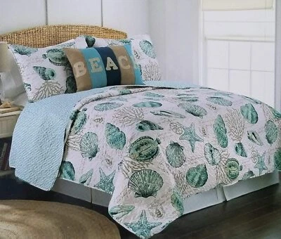 Coastal Ocean Reef Blue Green Starfish Seashells Script Writing Queen Quilt Set - Image 1 of 3