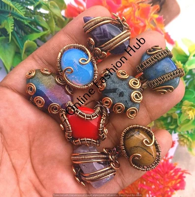 Lote de anillos de cuarzo solar arco iris y mezcla de piedras preciosas alambre de cobre envuelto joyería regalo Foto 1 de 4