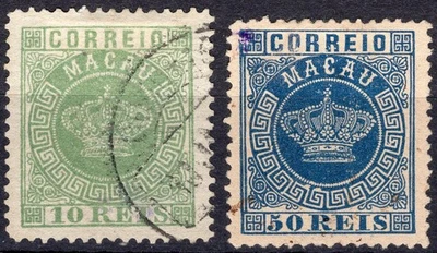 Corona Macao/Macao 1885 2x sellos 10R + 50R perf.12 1/2 Michel 16A+20A usados Foto 1 de 2