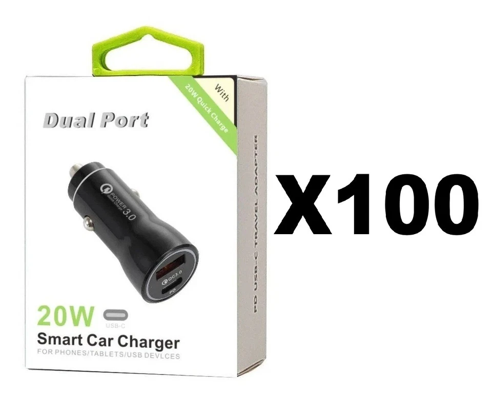 Lot of 100Pcs 20W Dual Port Smart Car Charger (USB-C Port + USB Port) Black - Image 1 of 2