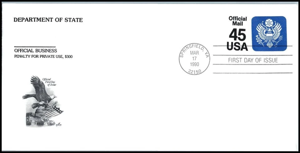 1990 Official Mail 45c stationery entire Sc UO79 ArtCraft FDC eagle & shield - Image 1 of 1
