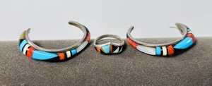 Zuni Pat & Luna Tsethlikai Sterling Silver Inlaid Earrings & Ring Set - Picture 1 of 5