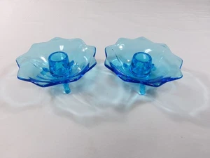 2 Vintage Fenton Electric Blue Glass "Lotus Flower" 3 Footed Candle Holders - Picture 1 of 8