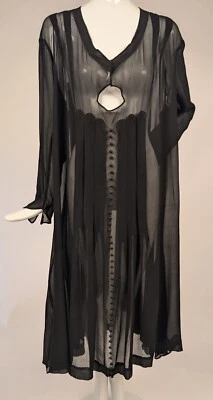FLOWING FLAPPER 1920’S BLACK SILK CHIFFON DRESS W KEYHOLE FRONT + PLEAT DETAIL - Image 1 of 4