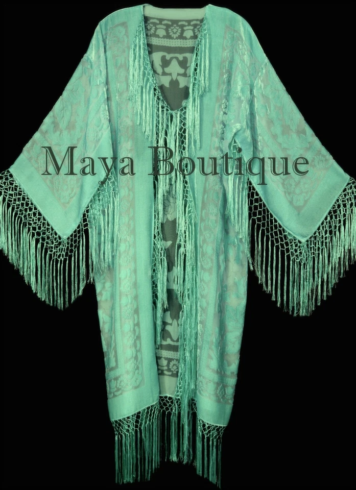 Mint Silk Burnout Velvet Fringes Jacket Kimono Long Coat Maya Matazaro USA Made - Image 1 of 1