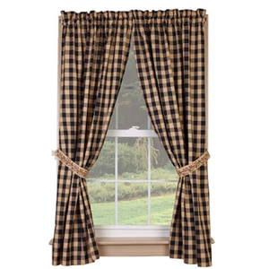 New Primitive Farmhouse BLACK CHECK BITTERSWEET BERRY VINE PANELS Curtains 63" - Picture 1 of 2