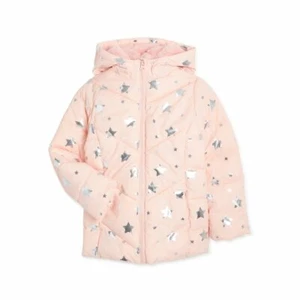 NEW SWISS TECH Girls Pink Star Winter Puffer Jacket Coat Soft Faux Fur Hood XL - Picture 1 of 9