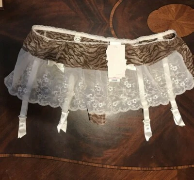 NUEVO CON ETIQUETAS CABERNET CEBRA ANIMAL NYLON SPNDX Y ENCAJE COQUETEO FALDA TANGA BRAGAS LIGA; M Foto 1 de 4