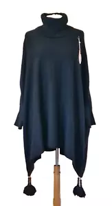 Womans Poncho Soft Touch black Roll Neck beaded tassel Jumper One Size - Picture 1 of 20