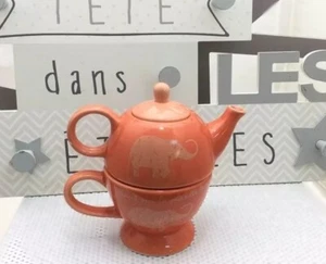 Théière solitaire céramique orange motif éléphants inscription 18 x 11,5 cm env - Foto 1 di 3