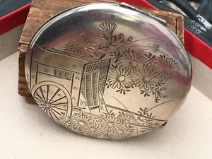 Japanese 950 Sterling Silver Etched Art Large Compact 3.8 Oz Asian Antique - Picture 1 of 12