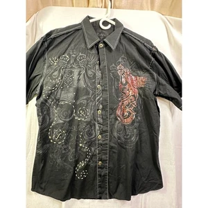 La Vae Men's Black Short Sleeve Button Up Shirt XX Large Crest Dragon Graphic - Picture 1 of 12