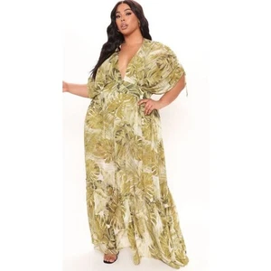 Fashion Nova Farrah Floral Maxi Dress - Olive/Cream - 2X - Picture 1 of 7