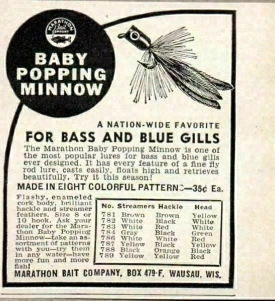 Anuncio impreso Marathon Baby Popping Minnow 1947 señuelo de pesca lubina, branquia azul Wausau, WI Foto 1 de 1