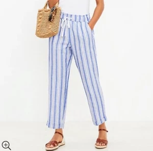 LOFT Linen Pants Emory Taper Women's Size L Blue White Stretch Pockets Vacation - Picture 1 of 6