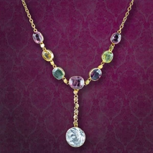 ANTIQUE VICTORIAN HARLEQUIN GEMSTONE LAVALIERE NECKLACE 15CT GOLD - Picture 1 of 7