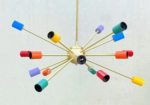 Mid Century Style Brass Sputnik Light Italian Chandelier 18 Multi Coloured Arms Cover