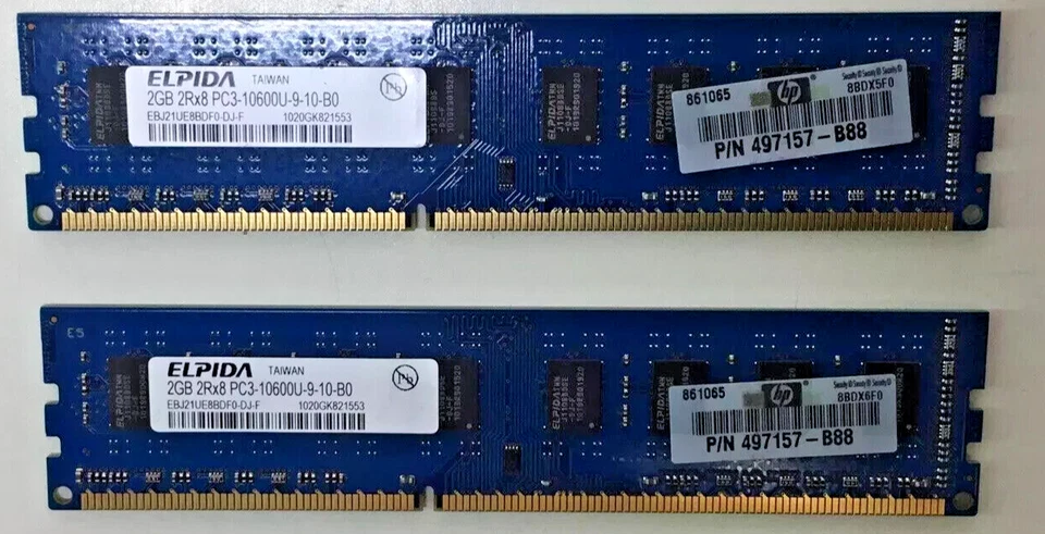 Lote de 2 - Elpida 4GB(2X2GB) PC3-10600 DDR3-1333MHz EBJ21UE8BDF0-DJ-F 497157-B88 Foto 1 de 1