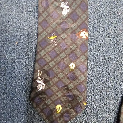 Vtg 1995 Looney Tunes Mania Mens Neck Tie Plaid Tweety Sylvester Bugs Daffy V9a - Image 1 of 4