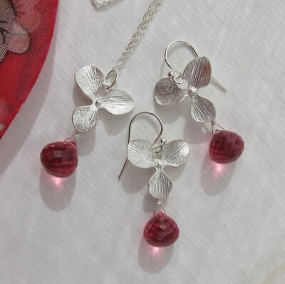 rosa AAA Topas Quarz Ohrringe Anhänger Kette Set Kirschblüten Charms 925 Silber - Bild 1 von 4