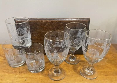 Arby's Navidad Pino Esmerilado Blanco 3 Vino y 3 Vasos Antiguos Borde Dorado Foto 1 de 4