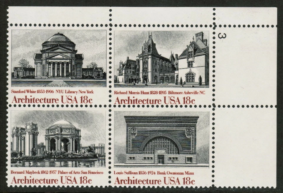 US USA Sc# 1931a MNH FVF PLATE# BLOCK Architecture Biltmore Maybeck Sullivan - Image 1 of 1