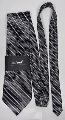 Rafael Mens Neck Tie 100% Silk Black Grey Stripes New - Image 1 of 4